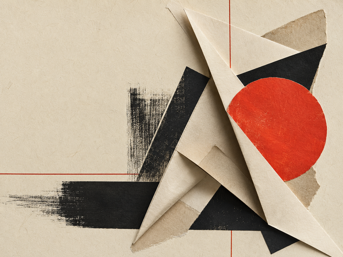 Abstract cream paper collage with black shapes and a vermilion circle