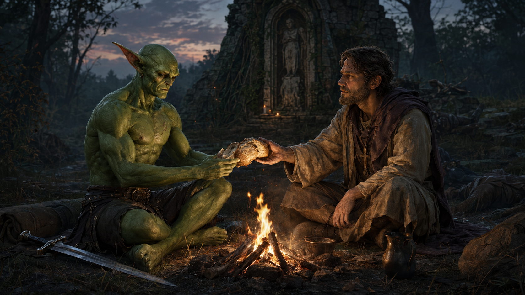 Gheed and a traveling priest sharing a loaf beside a campfire after the bandit attack