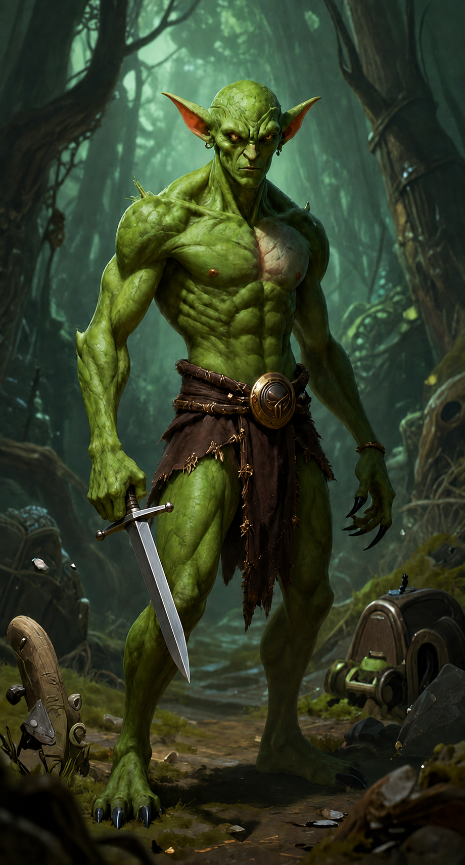 Gheed, a tall muscular green goblin holding a shortsword in a dark forest